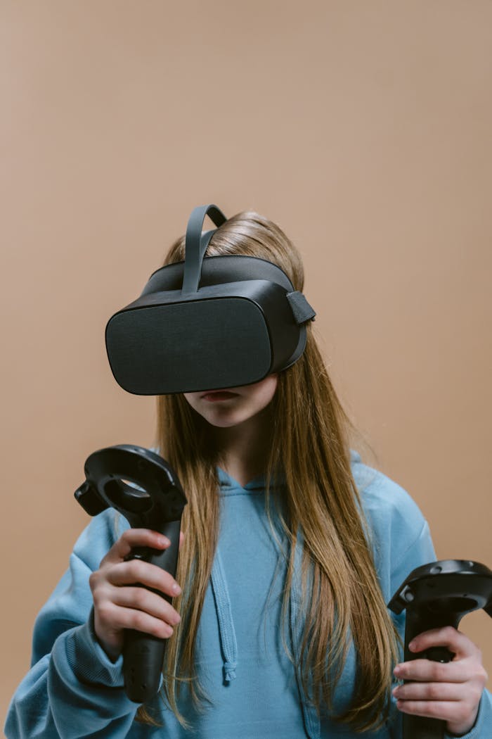 digital Close-up of a woman using a virtual reality headset and controllers indoors.